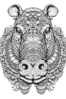 mandala hippopotamus black and white with white background.