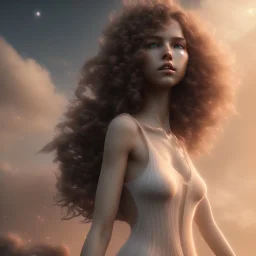 portrait, curly hair, woman, brown eyes, sunkissed, final fantasy, ethereal, 8k quality, highly detailed, galaxy sky, dynamic lighting, rdshift difusion, clouds