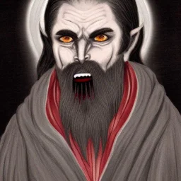 Vampire with yellow eyes with fleshy tentacle beard grey skin and vampire fangs and vampire bat nose as a Russian Orthodox