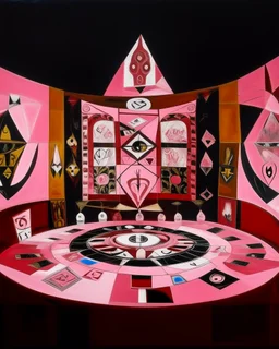 A pink magical casino with runes painted by Pablo Picasso