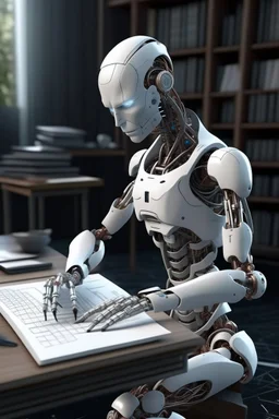 generate a front cover representation of Ai photo realistic attractive full body humanoid bot writing a book at a desk