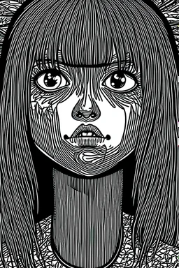 create a horror manga illustration of a dark haired, savage vampire girl with highly detailed , sharply defined feminine facial features, in a chaotic, turbulent, otherworldly London in the manga style of Junji Ito, precisely drawn, inked, with dramatic edges,