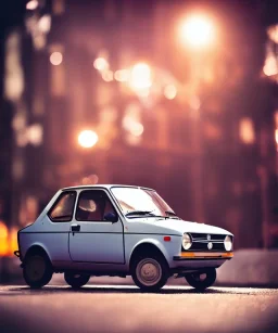 fiat 126p, city. high speed. bokeh. lens flare. warm lights. high detailed