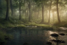 woods with abundant sea with high details of forest well lit with sunlight and with diversity of plants with the glowing sky