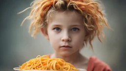 Photoreal magnificent a kid with spaghetti hair, colorful clothes, banana arms, carrot as a nose by lee jeffries, otherworldly creature, in the style of fantasy movies, shot on Hasselblad h6d-400c, zeiss prime lens, bokeh like f/0.8, tilt-shift lens 8k, high detail, smooth render, unreal engine 5, cinema 4d, HDR, dust effect, vivid colors
