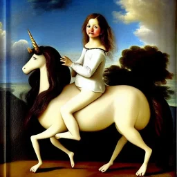 Retrato de una niña muy guapa llamad Dalia Santiago Arnau montando un unicornio con el estilo de Diego Velázquez