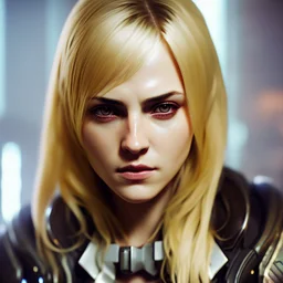 Photorealistic headshot of a beautiful blonde assassin cyberpunk dynamic pose