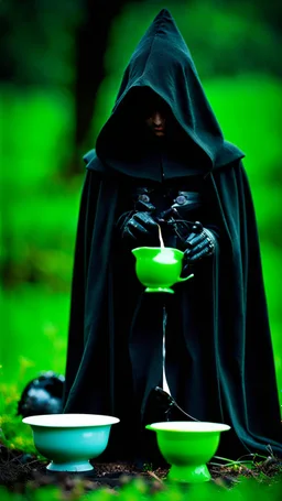 a full-length photograph of a [black-robed hooded Nazgul from the [Lord of the Rings] movies, articulated metal gauntlets] stands over a [small black kitten] which laps from a [small bowl of milk] on the ground, a [huge black warhorse, black saddle] in the background, depth of field, green meadow, mood ominous --style raw