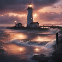 **Movie Poster Art:** Envision a monumental lighthouse that doubles as an emergency shelter during floods. Its beacon guides ships and provides refuge. Twilight scene with the lighthouse casting light over turbulent waters. **Appearance:** Cinematic art ideas that that encapsulate the essence of constructing and optimizing flood and stormwater infrastructure in geographical and coastal areas prone to natural disasters. These ideas aim to raise civil, public, and community awareness while safegua