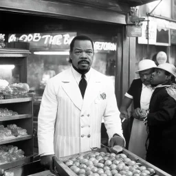 [Voodoo movie by Wes Anderson] Ice-T Fin Tutuola as a butcher in new Orlean, vintage 1970's photo