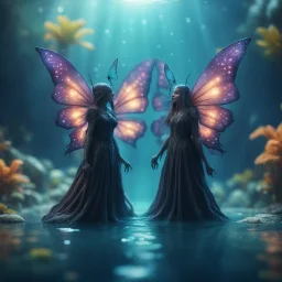 two Mind flayer witches with butterfly wings under water in well lit well vulcanic background,bokeh like f/0.8, tilt-shift lens 8k, high detail, smooth render, down-light, unreal engine,bokeh like f/0.8, tilt-shift lens 8k, high detail, smooth render, down-light, unreal engine