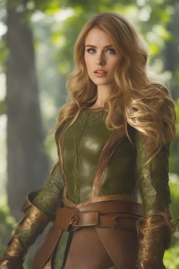 A beautiful woman with blond hair and green eyes. Brown leather armor.