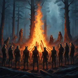 close up one large bonfire with its flames rising high in a clearing, around the bonfire many anthropomorphic wolf humanoids crying, dancing, singing and just watching the flames. rain, cold deep colors, around them in the background dark trees with huge trunks, rainy day, high contrast, high detail, atmospheric, dark fantasy, sci-fi atmosphere, cinematic