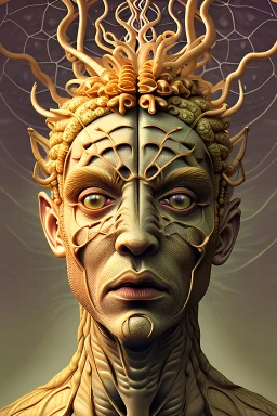 godlike figure made of corn and scales, evil, front view, golden ratio, mechanical, contorted, distorted fractal statue, vines, dotted tentacles, sequined, DMT, demonic, bloody, astral journey, biomorphic visionary psychedelic mushrooms, garden, majestic, garden, spiritual magic, mystical energy, face of god, Salvador Dali, H.R.Giger, René Magritte
