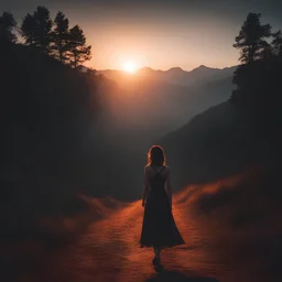 dark night, watching a woman from behind wearing a sleeveless dress who is walking towards a beautiful orange sunrise in the distance, mountains and forests around, photo quality