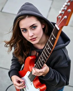 attractive woman wearing a hoodie and playing an electric guitar at high angle