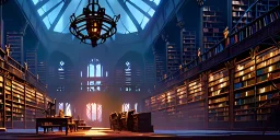 Massive magical ancient library, fantasy, with bird cages hanging from ceiling