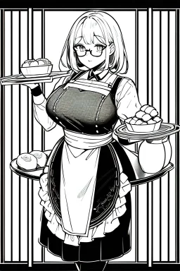 waitress carries tray with glasses in a cafe bar, line arts, greyscale