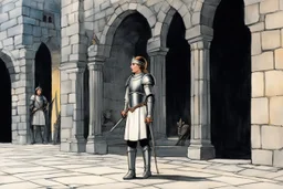 [middle age art by Jason and the Argonauts (1963)] at nightfall: lonely youthful Joan of arc in her armour in the courtyard of the Royal Court in Chinon for an audience with Charles, the King of France at the age of 17. the guards open the gates of the city
