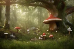 enchanted forest, fairy house, mushroom, rabbits, squirrels