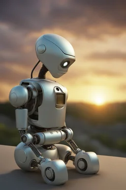 A sad robot looking into the sunset, photorealistic