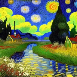 Dibujo al oleo de una pradera con una casa y un rio con muchas nubes de colores estilo Vincent van Gogh