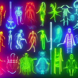 Futuristic, Neon, crystal, skeleton, samurai, smoke, glass, fire, water, multiple arms