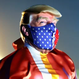 realistic image of donald trump as a mexican wrestling fighter posing outdoors, Mexican eyes wrestling mask, red and blue breeches, confederate flag cape, retro style, 80s, vibrant color, highly detailed, sky background, concept art, unreal engine 5, god rays, ray tracing, RTX, lumen lighting, ultra detail, volumetric lighting, 3d, finely drawn, high definition, high resolution.