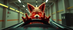 car driving happy 2d neon fluffy orc fox with human hands in the style of Escher and Giger and Fallout 4, pinhole cam, airbrush 3d rendering, on tv screen:A five-second cinematic single take in a clean industrial presentation hall.