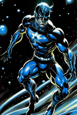 outer space background -- running --art style of neal adams -- an extremely muscular man wearing a black, bandit eye mask, a black, skintight, formfitting cowl, a black, skintight, formfitting kevlar bodysuit, black gloves, silver wrist gauntlets, silver belt, silver knee-high boots, silver lightning emblem on the chest, with cobalt blue eyes, a mustache and goatee, fire, lightning, wind, rain, volcanic lava, fireworks, explosions, multicolored neon lights