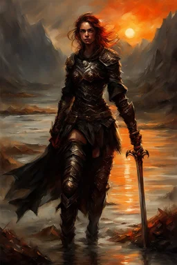 A formidable warrior girl in black armor, on the background Amazing gloomy landscape, flooded with sunset, mountains, trees, fabulous scary hero, , juicy emotions, painting, dark fantasy, gloomy day, dark world, portrait, by Raymond Swanland & Alyssa Monks & Anna Razumovskaya