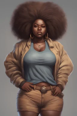african fantasy thicc girl with long big afro hair without jawlery, wearing in casual cloth