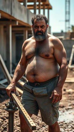 portrait shot photography of an ugly 43 year old chubby big robust burly arab carpenter working on the mud, dirty and wet, wearing bulging shorts, shirtless, hairy chest, serious, very virile, short beard, curly hair,, , in a sunny construction work area, photorealistic , photorealistic