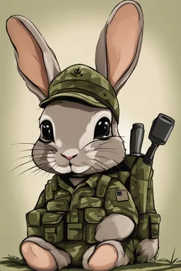 A pfp of a cute army bunny with army hat, camo shirt