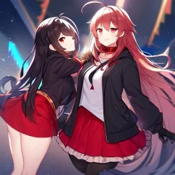 Clear focus,High resolution,High quality, Smiling, Black hoodie with a red collar, Wearing a red skirt, Wearing black long socks, Black Long hair with a ahoge, Red eyes, Wearing black gloves