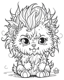 coloring page, side Gothic chibi werewolf with wild, fluffy hair, Manga style, thick lines, low detail, no shading, --ar 9:11 --v 5