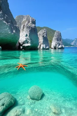 The limestone formations are located on the shore of the crystal-clear emerald sea. They also form the seabed. The water is shallow, about ankle-deep. Large, hollow white shells are visible both in the limestone rocks and in the water. Sporadic red and orange starfish can also be seen in the shallow water. In the background, the outline of high mountains can be seen on top of which single, spreading trees can be seen.