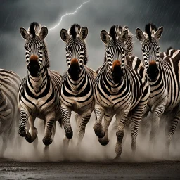 A group of majestic zebras running through a dramatic thunderstorm, with lightning flashing in the sky and rain pouring down around them. The image should capture the intense energy and beauty of this moment.