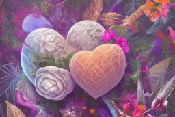 Tropical flowers, realistic heart drawing, crystals, tropical leaves, sacred altar, Fantasy home, cute animal.