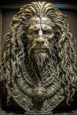 sculpture of handsome man with long curly hair and a lion , front view . decayed and rotting with grotesque proportions and imagery. abstract grotesqueries, detailed texture, surreal horror, biomechanical design, by hr giger and beksinski