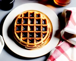 Round waffle with maple syrup plate, plaid napkin a fork