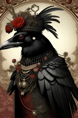 A magnificent (((raven ))), adorned in intricate ((Victorian clothing)), with its gaze fixed solemnly ahead, standing ominously against a backdrop of a (valentines card)