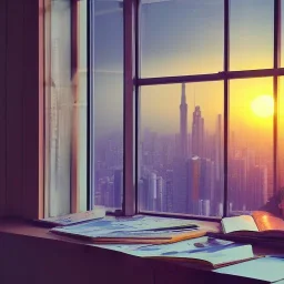  looking out of a window to a crowded city with many textbooks on the table Korea sunrise with homework on it only one person small hyper-detail plants