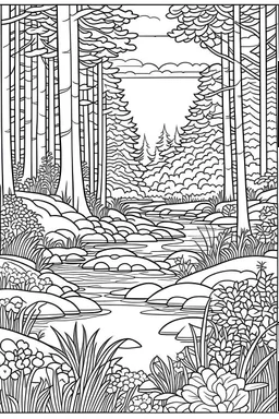 coloring page, nature, relaxing, "Enchanted Forest Retreat: Discover a peaceful scene with towering trees and woodland" full view, realistic, coloring page, only draw lines, coloring book, clean line art, –no sketch, color, –ar 3:4, white background, minimalistic black lines, minimal black color, low level black colors, coloring page, avoid thick black colors, thin black line art, avoid colors, perfect shape, perfect clear lines,