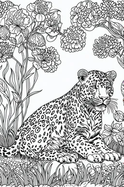 Outline art, leopard in the garden, cartoon style, low detail, --ar 9:11