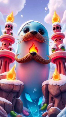 candy crush seal with fire mustache above frozen artic jungle with weird alien towers gets torn apart under him, in the style of Pixar, expertly crafted in a whimsical and vibrant cartoon style. is masterfully rendered in a lifelike 3D design, which captivates viewers with there irresistible charm.