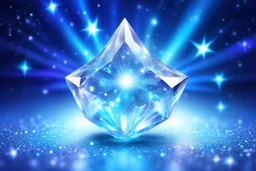 cosmic crystal light blu and white. it's glossy and as a crystal. the background is a light sky with stars galaxy and bright