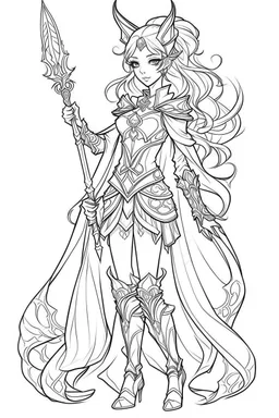 Outline art for cute Fantasy coloring pages with elf-swordswoman, white background, Sketch style, full body, only use outline, Mandala style, clean line art, no shadows and clear and well outlined