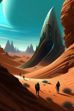 Scifi desert landscape with towering rock formations, and vast, empty plains, with a giant sandworm emerging from a pile of sand, illustrated in otherworldly styles using distorted perspectives, unusual colors, and dreamlike , and an alien and surreal environment, foreboding atmosphere , gothic undertones, blending traditional and futuristic elements, 70s retro science fiction art, Dune artwork, in the style of Frank Herbert, surreal, realistic , highly detailed, concept art, Joseph Cross
