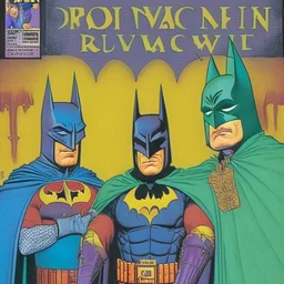 A 1980 medieval crusade comic cover of a dark universe masonic sad drunk batman cosplay convention, green batman, orange batman, cyan batman, white batman.